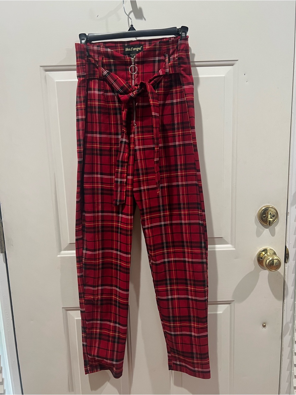 like an angel Red Plaid Straight-Leg Paperbag Pants